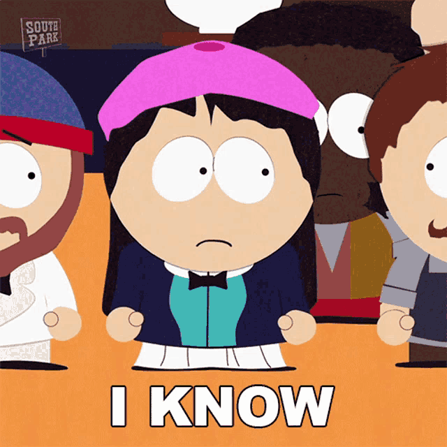 a cartoon character from south park says " i know " in front of a group of people