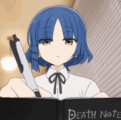 a girl with blue hair is holding a pen over a death note book