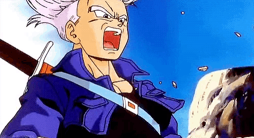 trunks from dragon ball z is holding a sword and screaming while wearing a purple jacket .