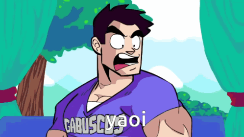 a cartoon of a man wearing a purple shirt that says " gabuscyaoi "