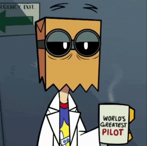 a cartoon character with a paper bag on his head is holding a cup that says world 's greatest pilot
