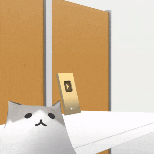 a cartoon cat sitting on a table with the word maow on it