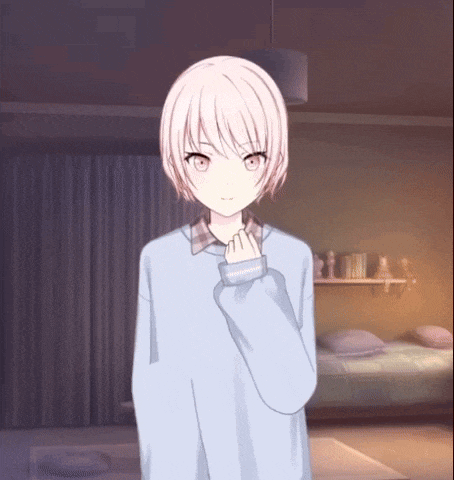 a girl with white hair and red eyes is standing in a room with a bed .