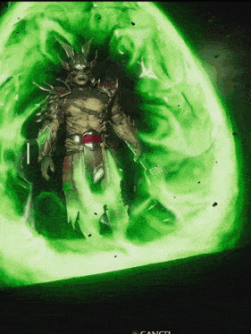 a video game character is surrounded by green flames and the word cancel is on the bottom