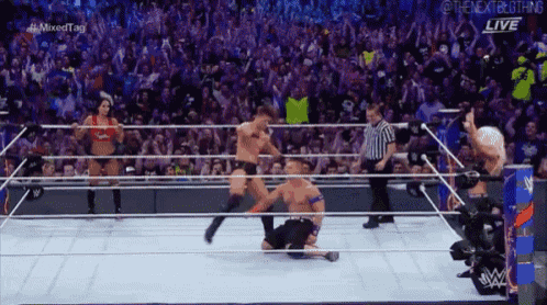 two men are wrestling in a wrestling ring with a crowd watching and the words the next big thing live on the bottom