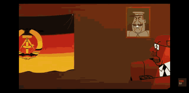 a cartoon of a man sitting in front of a german flag and a picture of a man with a mustache