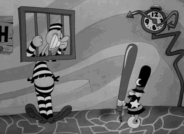 a black and white cartoon of a man in a jail cell with a sign that says h