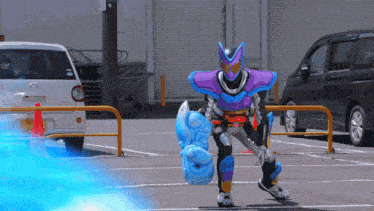 a person in a purple and silver costume is holding a blue object