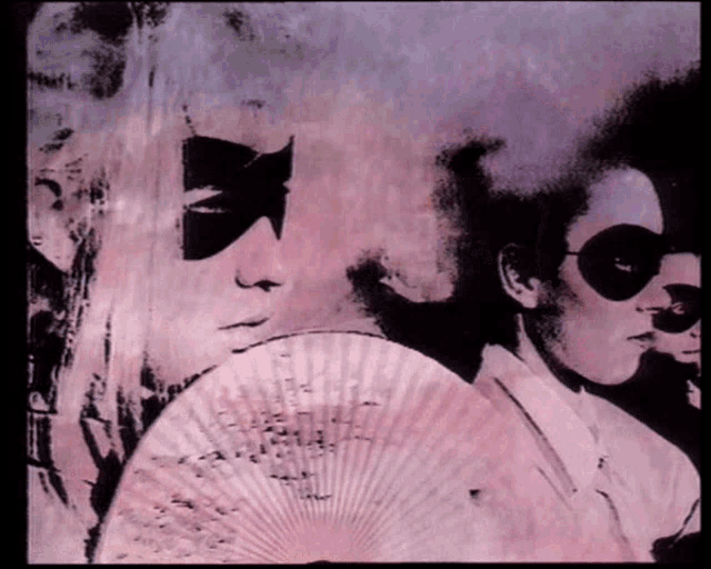 a painting of two women wearing masks and sunglasses