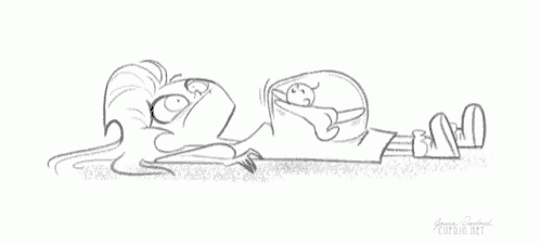 a black and white drawing of a woman laying down with a cat on her lap