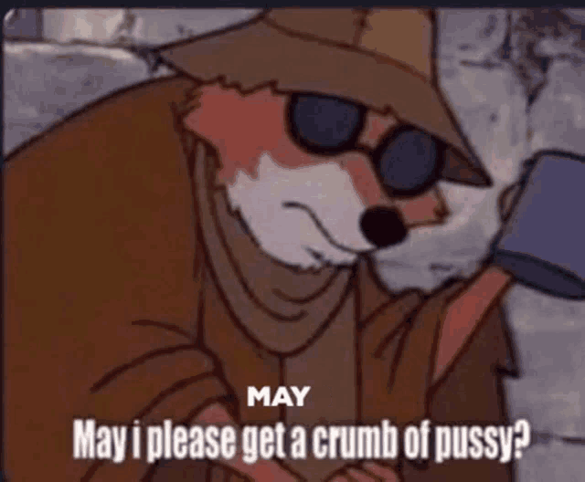 a cartoon fox wearing sunglasses and a hat is holding a cup and asking someone to get a crumb of pussy