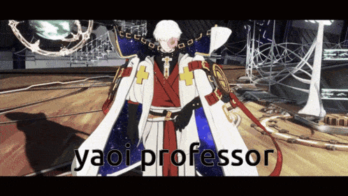 a man in a white cape with the word yaoi professor written on the bottom