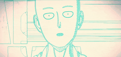 a bald man in a yellow jacket stands in front of a red background that says saitama