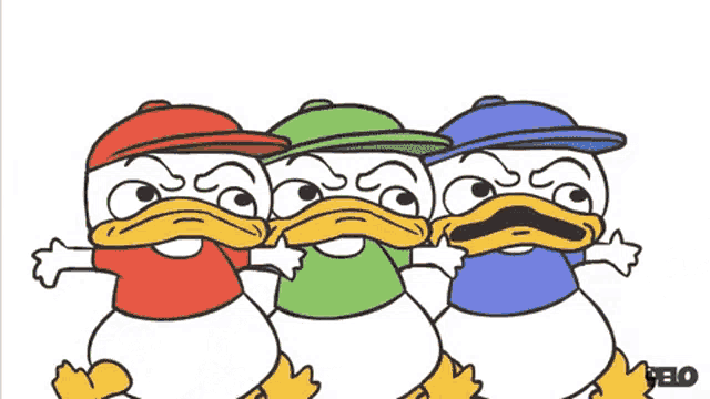three cartoon ducks are standing next to each other with one wearing a red shirt and one wearing a green shirt