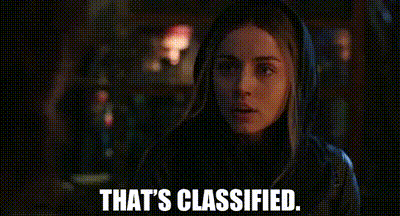 a woman in a hooded jacket is looking at the camera with the words `` that 's classified '' written below her .