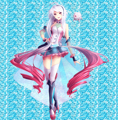 a girl with long white hair is standing in front of a blue and white pattern