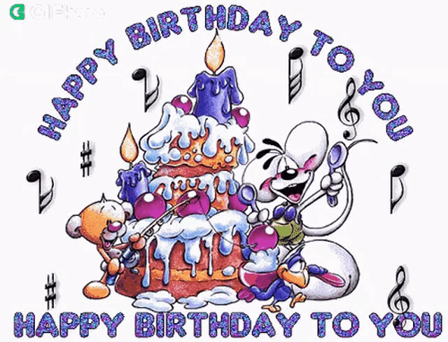 a happy birthday to you greeting card with a cake and musical notes