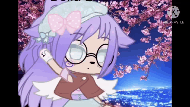 a girl with purple hair is wearing glasses and a hat