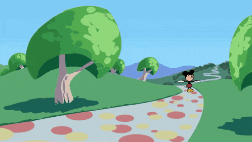 a cartoon drawing of mickey mouse walking on a path