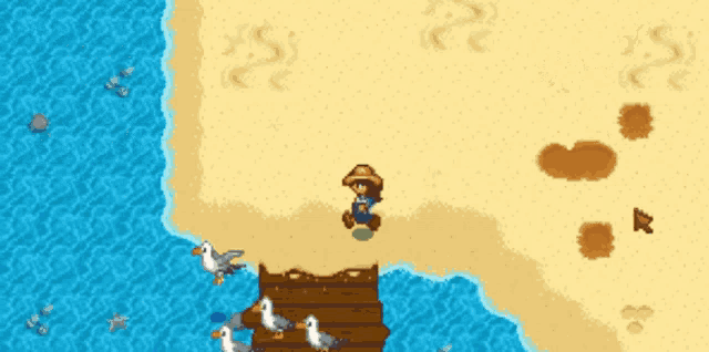 a video game shows a man standing on a dock with seagulls swimming around him