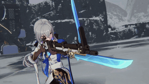 a video game character is holding a sword and a rifle