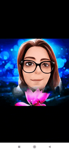 a cartoon of a woman with glasses and a pink flower .