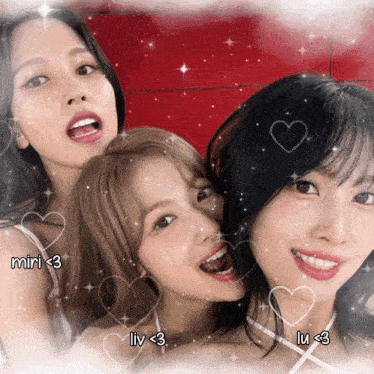 three girls are posing for a picture with hearts around them and the words miri liv and lu are on the bottom