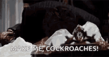 a person is laying on a bed with ice and the words `` make me cockroaches '' .