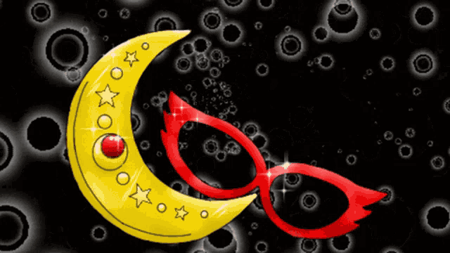 a cartoon drawing of a crescent moon and a pair of glasses