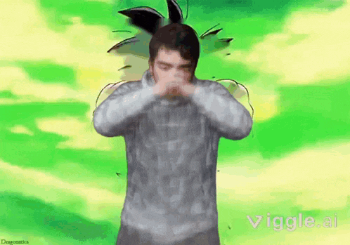 a man in a grey sweater is standing in front of a green background that says vigge.ai on it