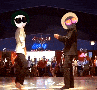 a couple of people are dancing in front of a sign that says ice cream