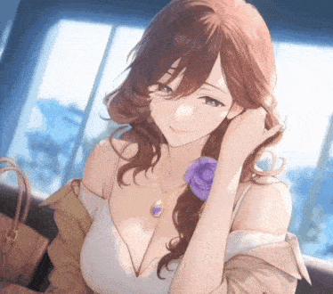 a woman with a purple flower in her hair