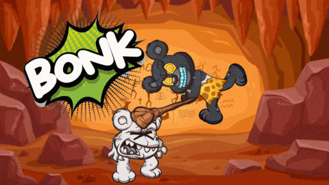 a cartoon illustration with a green bonk speech bubble above it
