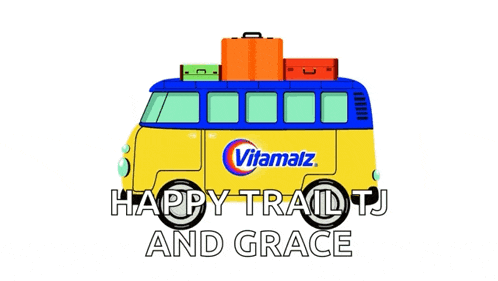 a yellow and blue vitamalz van with luggage on top of it