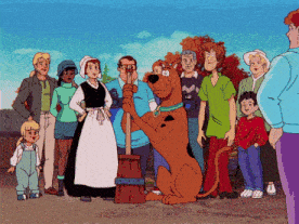 scooby doo and his friends are standing in a crowd