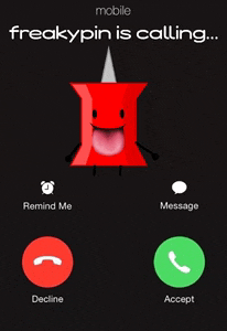 a phone screen shows a red pin with a horn on top and says freakypin is calling