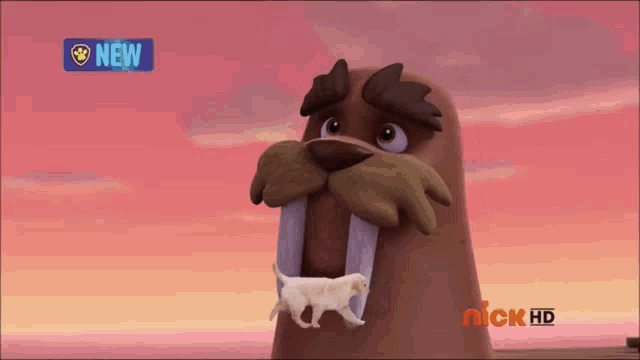 a walrus with a bone in its mouth is on a nick hd screen