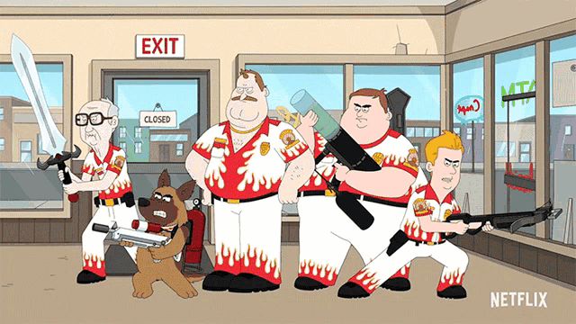 a group of cartoon characters are standing in front of a closed exit sign