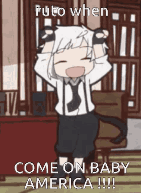 a cartoon character is dancing in a room with the words come on baby america !!!