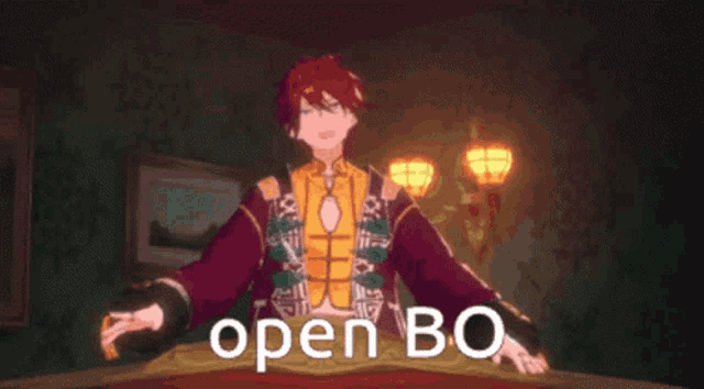 a man with red hair is standing in front of a table with the words open bo on it