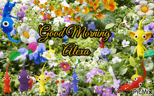 a greeting card that says good morning alexa with flowers