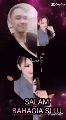 a man and a woman are standing next to each other in a heart shaped collage .
