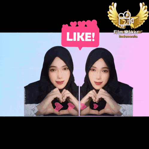 a woman in a hijab making a heart with her hands and a like sign