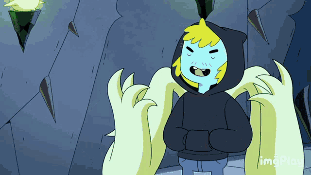 a cartoon character wearing a black hoodie with images play written in the bottom right corner