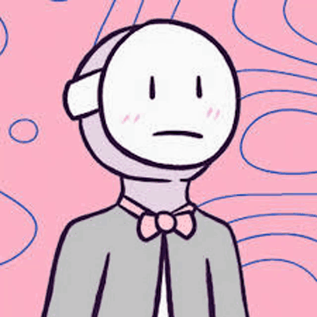 a cartoon character wearing a mask and a bow tie is standing on a pink background .