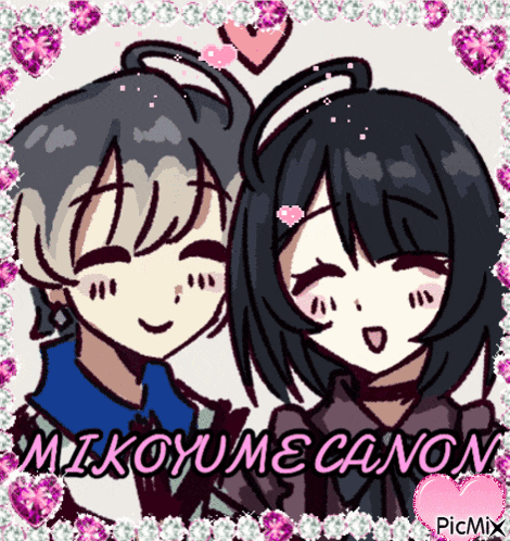 a drawing of a boy and a girl with the name mikoyume canon