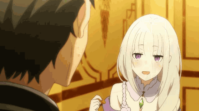 a girl with white hair and purple eyes looks at a man