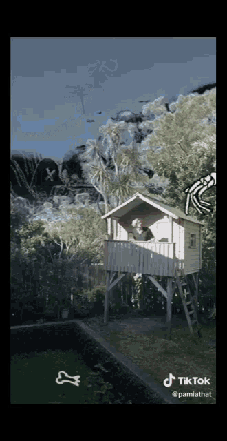 a drawing of a dog in a tree house with a dog bone in front of it