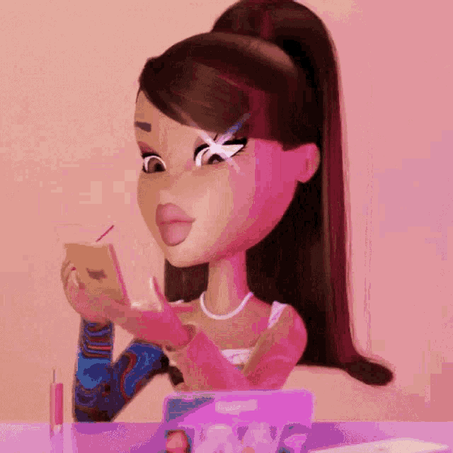 a bratz doll is sitting at a table looking at herself in a mirror