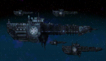 a group of spaceships are flying through the night sky
